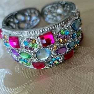 Fashion Silver Tone Multi-Colored Crystal Cuff Bracelet